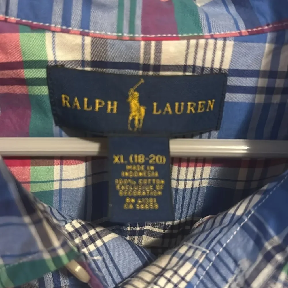 Polo Ralph Lauren Shirt XL 18-20 Boys Blue Pink Green Plaid Short Sleeve Cotton
